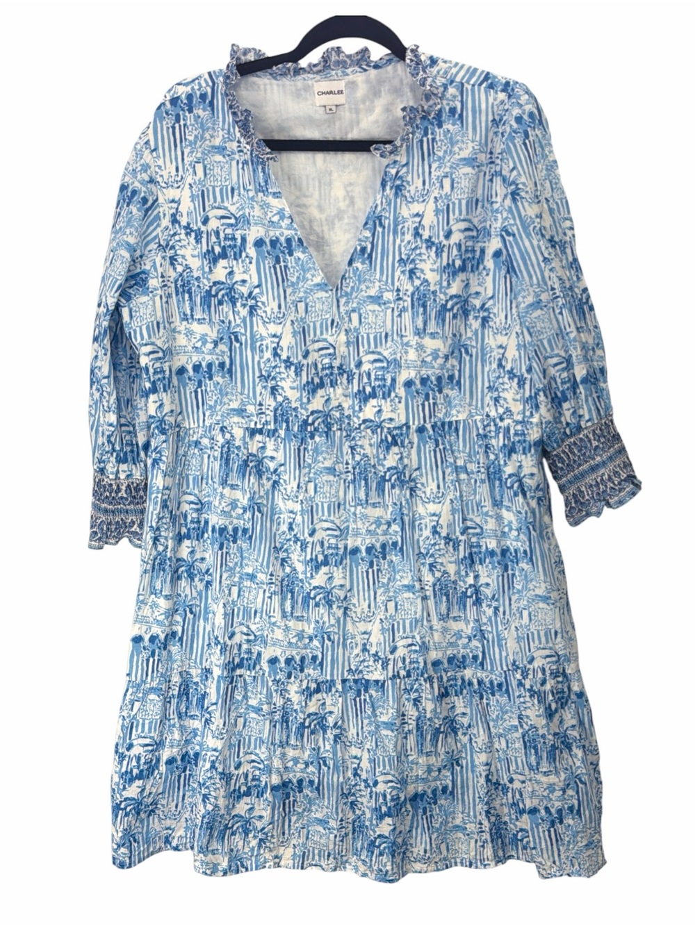 Blue White Scenic Palm Print Tiered Cotton Dress Resort. Charleston Shoe Co. XL